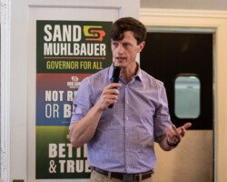 Rob Sand, the Democratic candidate for governor, speaks during a town hall at Lucile's in The Continental Hotel in Centerville, Iowa, on Monday, June 29, 2026. 6-29: Rob Sand Townhall